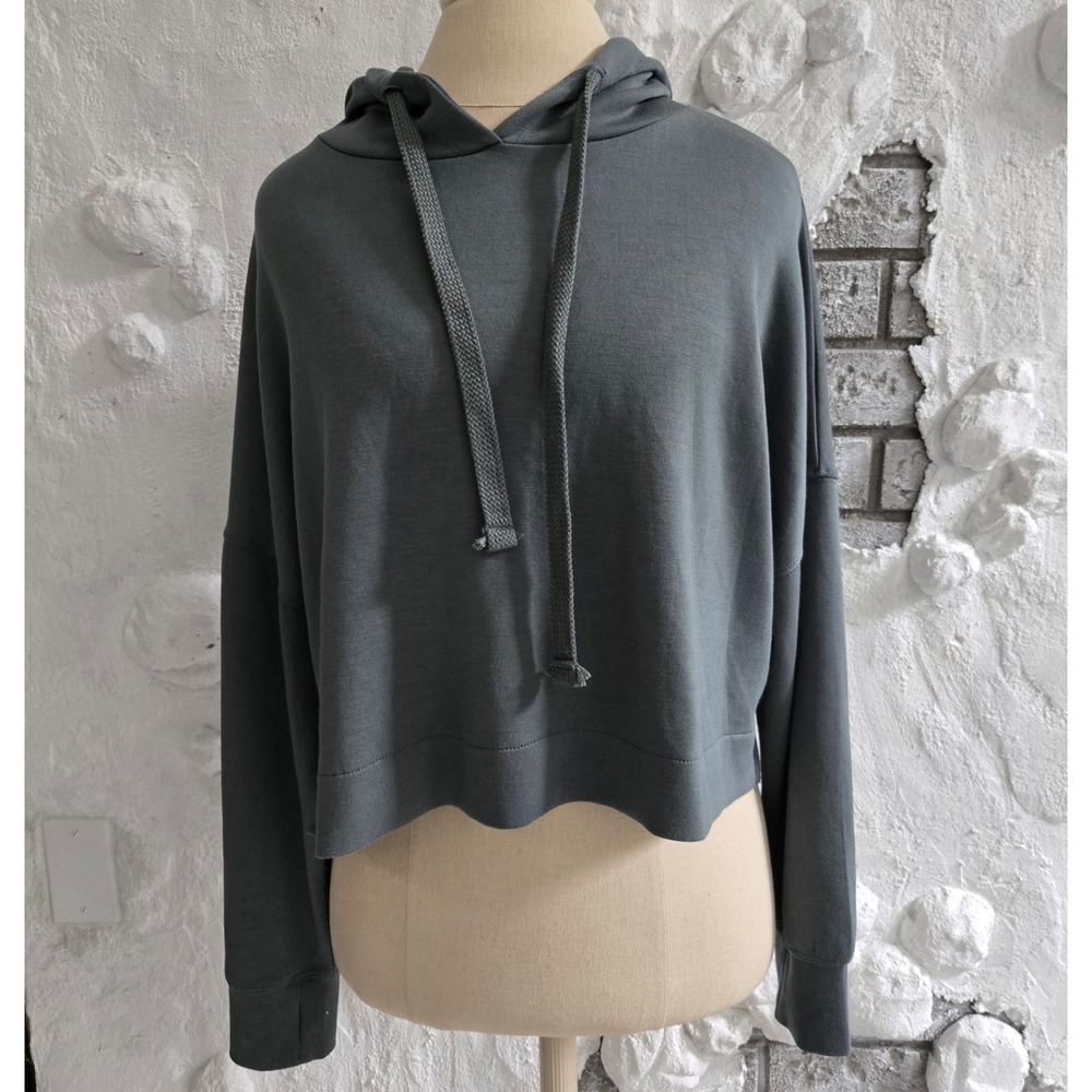 Revival Womens Gray Cropped Pullover Hoodie Modal Blend Thumbholes